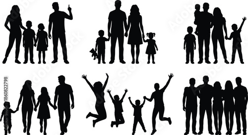 Family silhouettes set showing parents children together isolated on white background for community unity lifestyle diversity illustration concept design collection