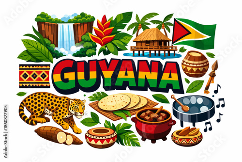 Guyana culture vector illustration with waterfall wildlife rainforest cuisine and national symbols