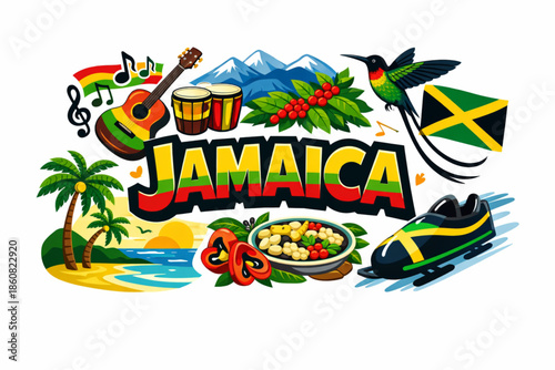Jamaica culture vector illustration with reggae mountains wildlife cuisine and national symbols