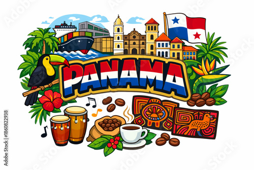 Panama culture vector illustration with canal colonial architecture rainforest music and national symbols