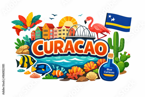 Curacao culture vector illustration with Caribbean architecture wildlife nature and national symbols