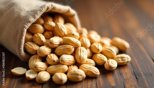 A wooden table features a sack of peanuts, symbolizing National Peanut Month and the agricultural significance of peanuts