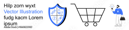 E-commerce, innovation, healthcare security, online shopping, medical services, and creativity. Shield with medical symbols, shopping cart and professional holding a bulb. E-commerce and innovation