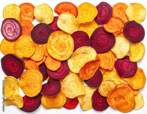 Colorful assortment of thinly sliced, baked vegetable chips