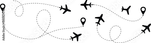 Airplanes flying around the world with dotted travel routes