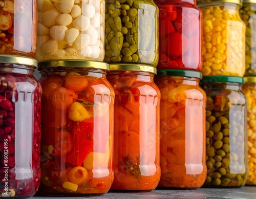 Assorted pickled vegetables in jars, close up, various colors