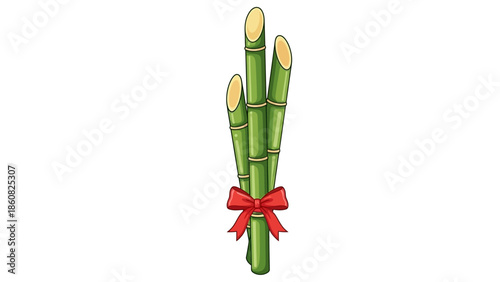 Illustration of bamboo shoots tied with a red ribbon for chhhath puja against a white background