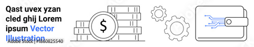 Financial services, digital wallets, blockchain, technology innovation, currency exchange, fintech. Stack of coins, wallet with circuit design gear cogs. Financial services and digital wallets