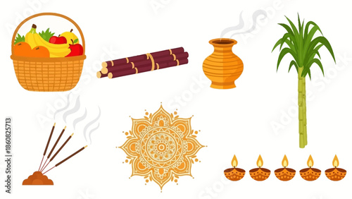 Flat lay of Chhath Puja festival items including fruits, diyas, and incense sticks on a white background with warm tones.