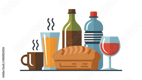 Assorted Beverages and Bread on Table