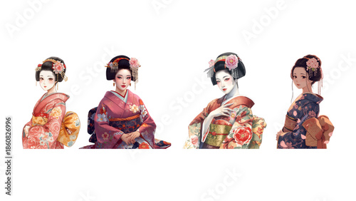 Illustration  Japanese women in traditional red kimono fashion represent the beauty of Asia and the cultural heritage of people in Japan