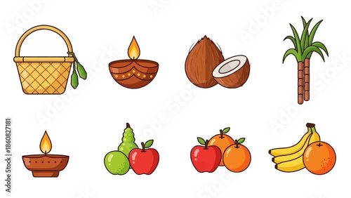 Flat lay of chhath puja offerings including fruits, coconut, and diya on a clean white background with warm tones.