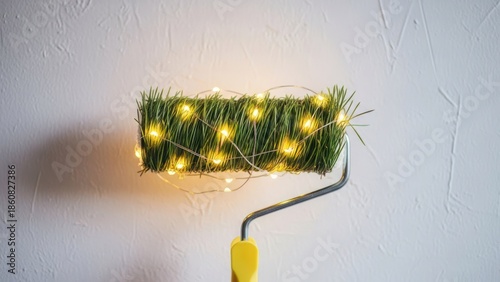 A paint roller head covered in green grass and fairy lights against a textured white wall