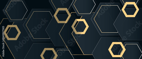 Modern luxury horizontal banner background with layers of golden hexagon shapes and shadow decoration. Trendy simple pentagon shape texture design. Luxury and elegant concept, vector
