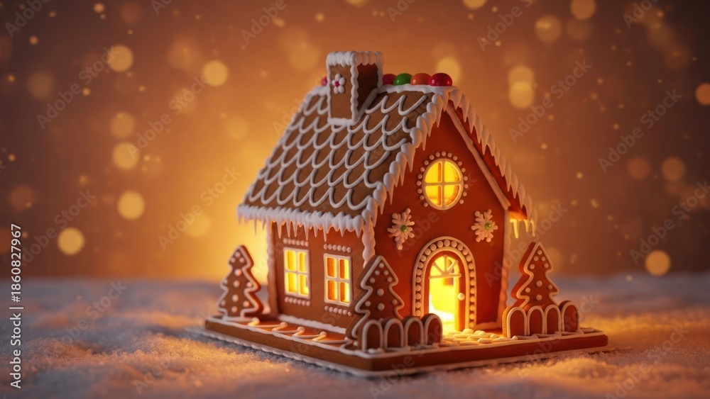 Naklejka premium A warmly lit gingerbread house sits in snow, surrounded by bokeh, evoking holiday cheer