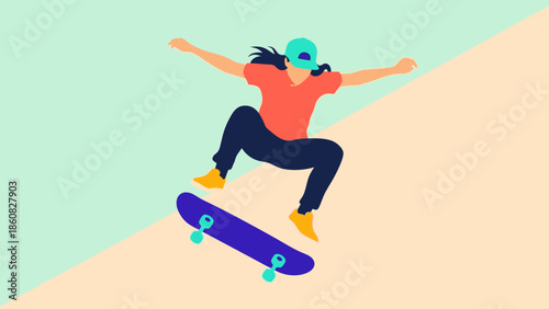 Young woman performing skateboarding trick on ramp.