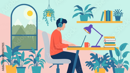 Man working on laptop surrounded by plants and books in a cozy home office.