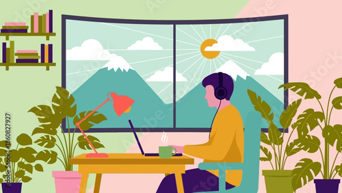 Person working on laptop in a cozy home office surrounded by plants and a scenic view.