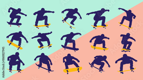 Silhouettes of skateboarders performing tricks on a skateboard.