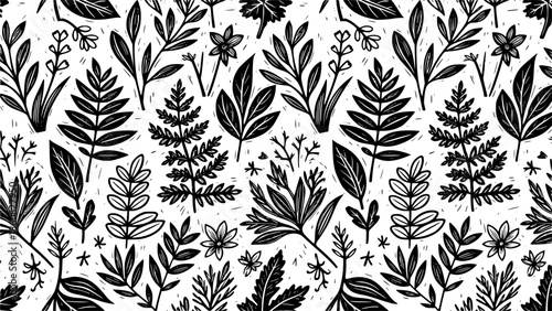 Botanical floral pattern vector background, vintage rustic woodcut style flowers, hand drawn linocut leaves and foliage blossoms ornament for organic design