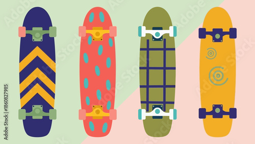 Four colorful skateboards with different patterns and designs.