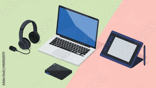 Modern electronic devices including laptop tablet and accessories.