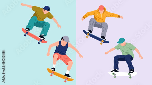 Four skateboarders performing tricks on pastel background.