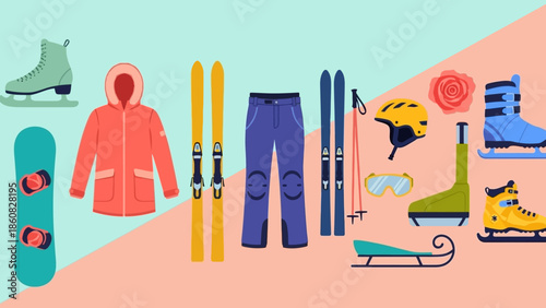 Winter sports equipment and clothing arranged neatly on a background.
