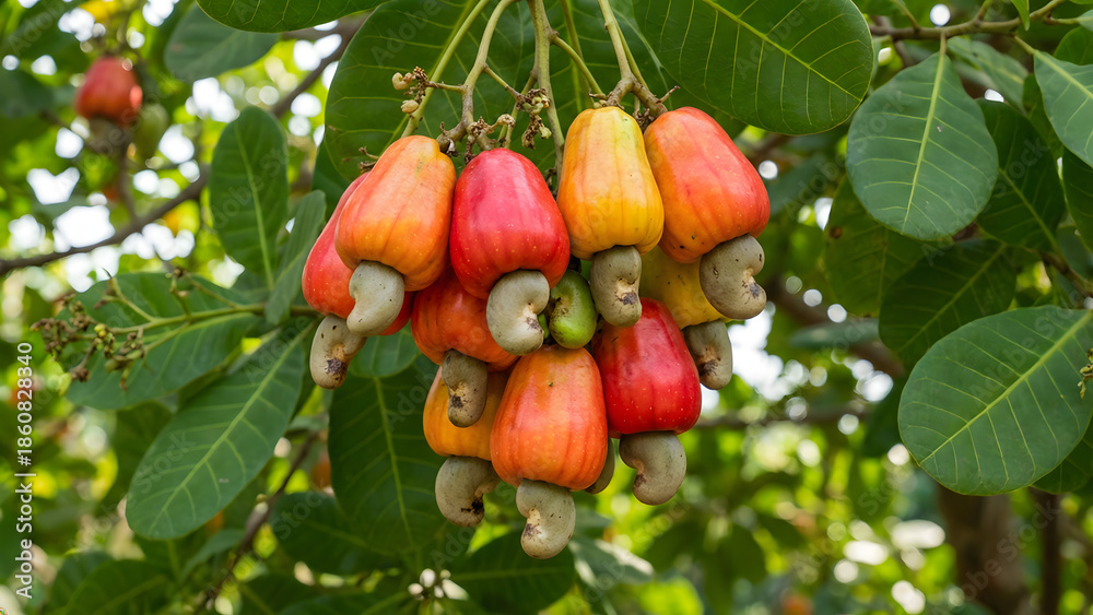Obraz premium Ripe Cashew Fruit Nut Cluster Hanging Tree Branch