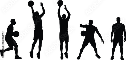 Basketball player action silhouettes isolated on white background showing dribbling jumping shooting passing and standing athletic sports poses