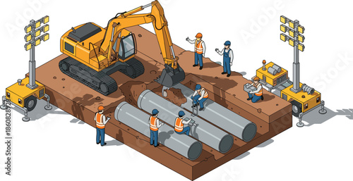 Isometric construction site with excavator digging trench and workers installing underground water pipes with heavy machinery and bright mobile lighting