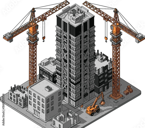 Isometric Construction Site with Tower Cranes Building High Rise Skyscraper Architecture Engineering Development Project Urban Growth Industrial Machinery Infrastructure Real Estate,