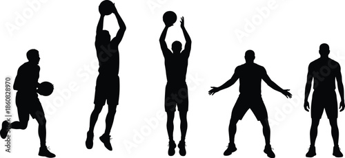 Basketball player silhouettes collection isolated on white background showing dribbling jumping shooting and standing poses for sports design use