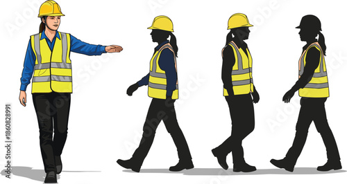 Isometric construction site with yellow crane building house and female engineer worker silhouettes for industrial architectural development and site management