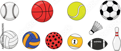 Sports ball collection, baseball, basketball, tennis ball, soccer ball, shuttlecock, volleyball, beach ball, billiard ball, football, bowling pin, equipment, isolated, white background