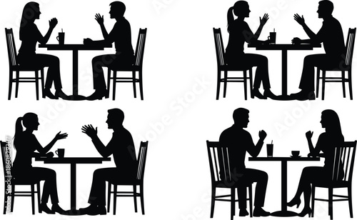 Couple conversation silhouettes at cafe table isolated on white background showing dating discussion coffee meeting and social relationship moments