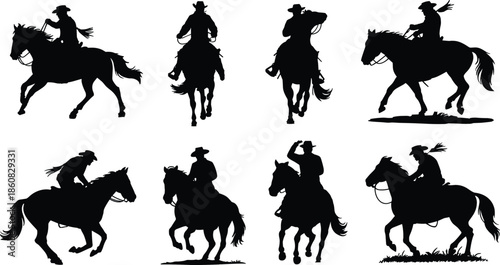 Cowboy riding horse silhouettes collection isolated on white background showing western rodeo action equestrian lifestyle and wild west motion scenes
