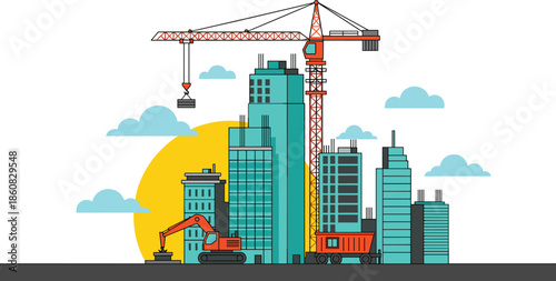 Isometric construction site with yellow tower crane, concrete mixer truck, workers, and heavy machinery building modern infrastructure for industrial urban development.