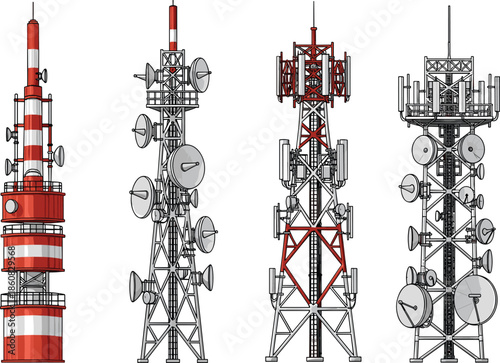 Telecommunication tower icons, broadcasting structures vector, signal transmission equipment, antenna and satellite dish design, cad drawing flat vector illustration