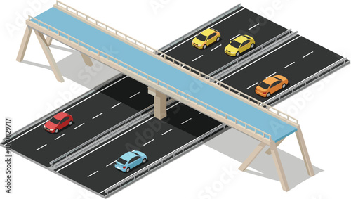 Isometric highway overpass with cars vector illustration, modern asphalt road bridge infrastructure, urban transportation traffic flow, city street design element, isolated.