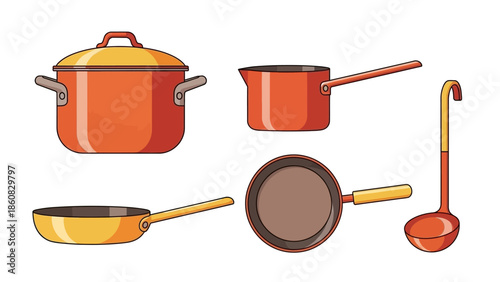 Flat lay illustration of various colorful kitchen utensils and cookware on a white background