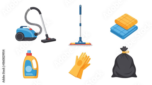 Flat lay of cleaning supplies and equipment on a white background
