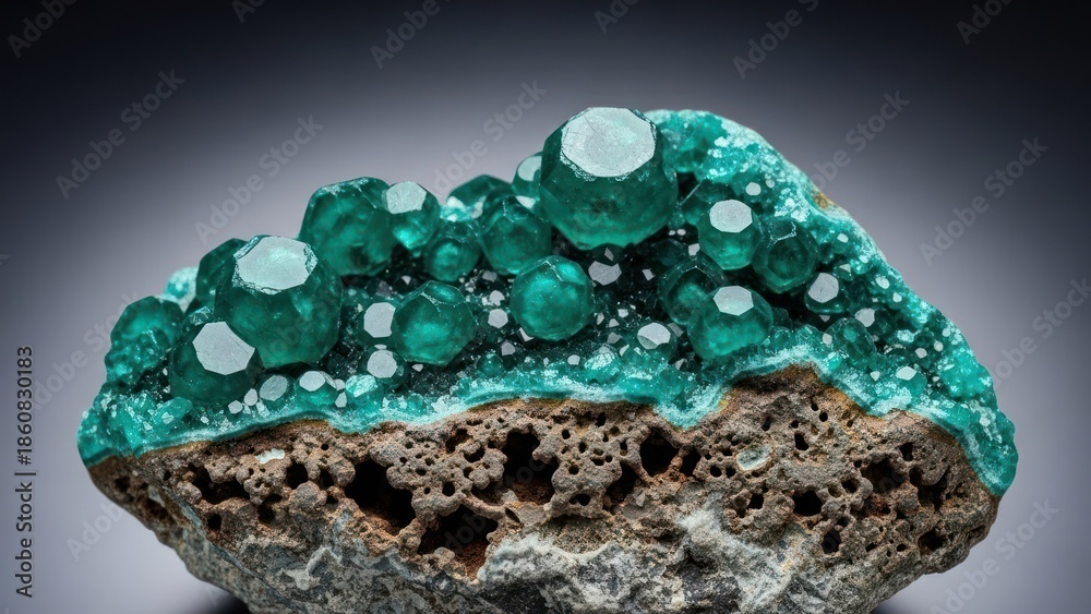 Fototapeta premium Gemmy, sparkling teal-green crystal clusters sit atop a rough, porous, earth-toned base
