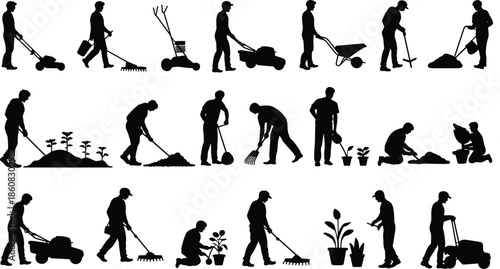 gardening worker silhouette set lawn care landscaping planting digging outdoor labor gardener tools nature illustration black