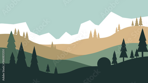Geometric Mountain Landscape: A serene mountain scene captured with a minimalist, geometric style. Featuring layered hills, snowy peaks, and geometric trees under a clear sky.