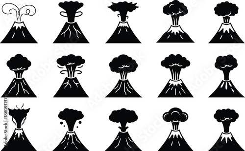 WebVolcano eruption icons set, lava explosion smoke ash symbols collection, geology natural disaster concept, cad drawing flat vector illustration