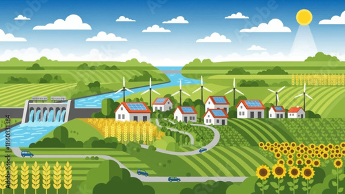 Sustainable Energy Community: A picturesque depiction of a sustainable community thriving in harmony with nature, showcasing diverse renewable energy sources integrated into daily life.