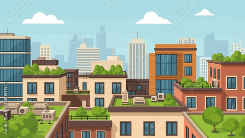 Cityscape Green Rooftops: A vibrant illustration showcasing urban living and sustainable design, with lush green rooftops, modern buildings, and a clear sky.