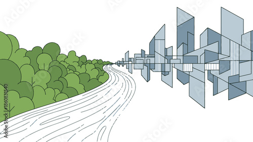 Illustration of City and Nature Contrast: A visual representation contrasts the raw beauty of nature with the structured forms of a city, illustrating their co-existence. 