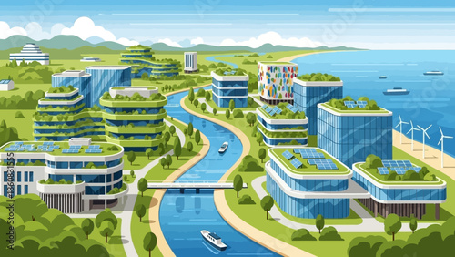 Eco-City Harmony: A vibrant depiction of an eco-friendly city nestled alongside a serene river, embodying the perfect harmony between modern infrastructure and sustainable living.